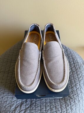 Cole Haan Taupe Canvas Slip-On Loafers with Cream Sole